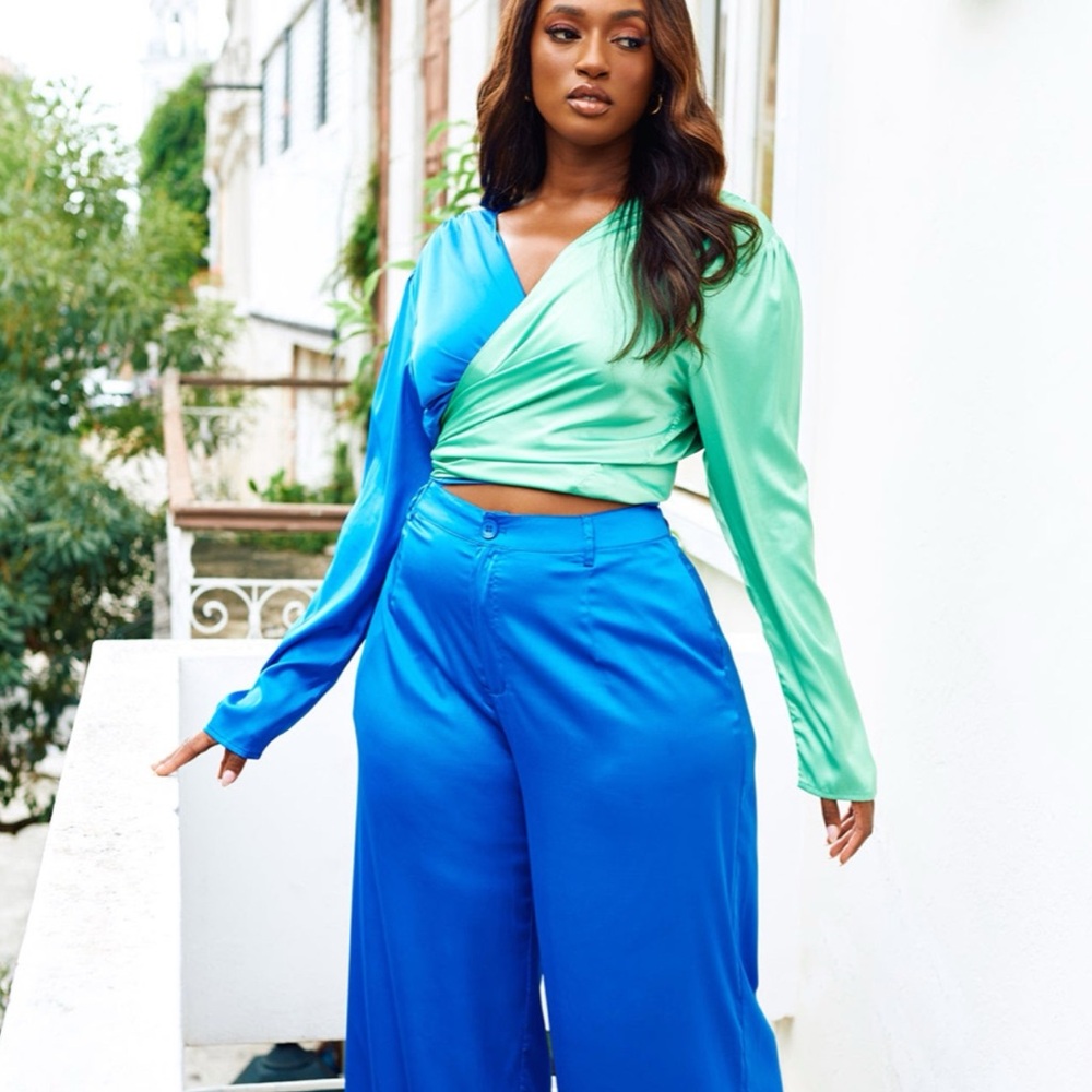 Rebdolls The Moment Satin Colorblock Wrap Top & Wide Leg Pant SET- Royal Blue
